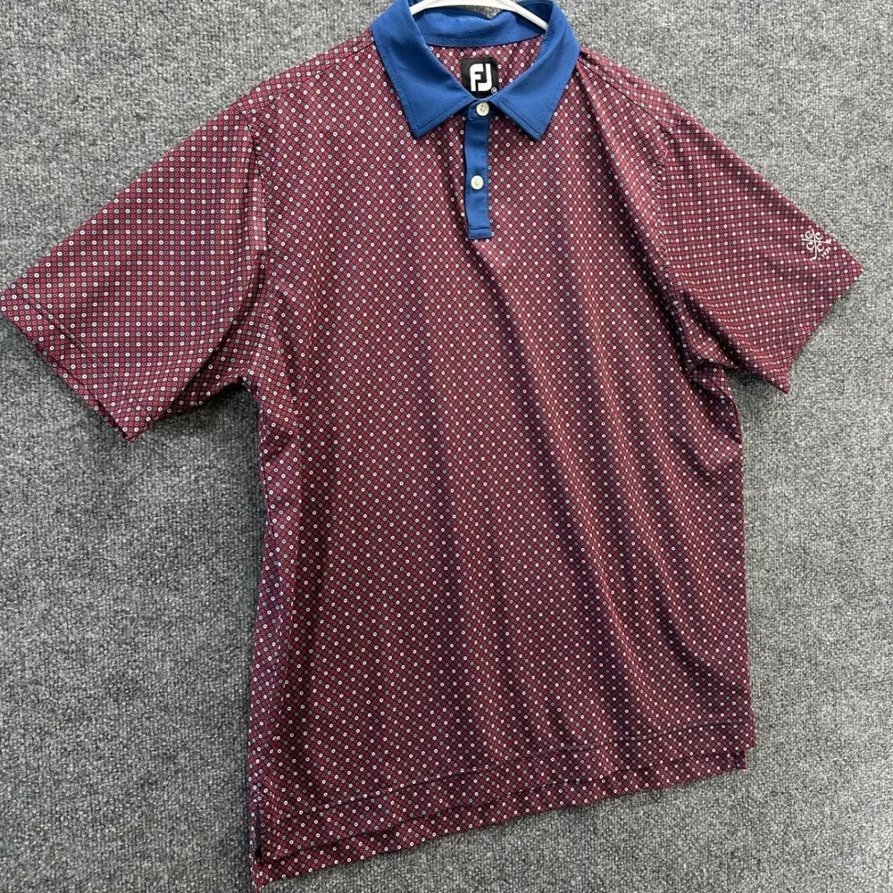 FootJoy Mens Golf Polo Shirt Medium Maroon Blue Geometric Print Short Sleeve FJ